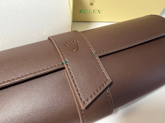Rolex Brown Leather Watch Roll – Elegant 3-Watch Travel Case
