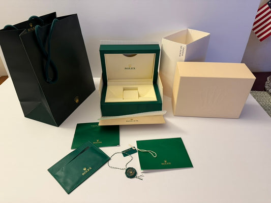 Collector watch storage set emerald edition with box, cards, and display elements
