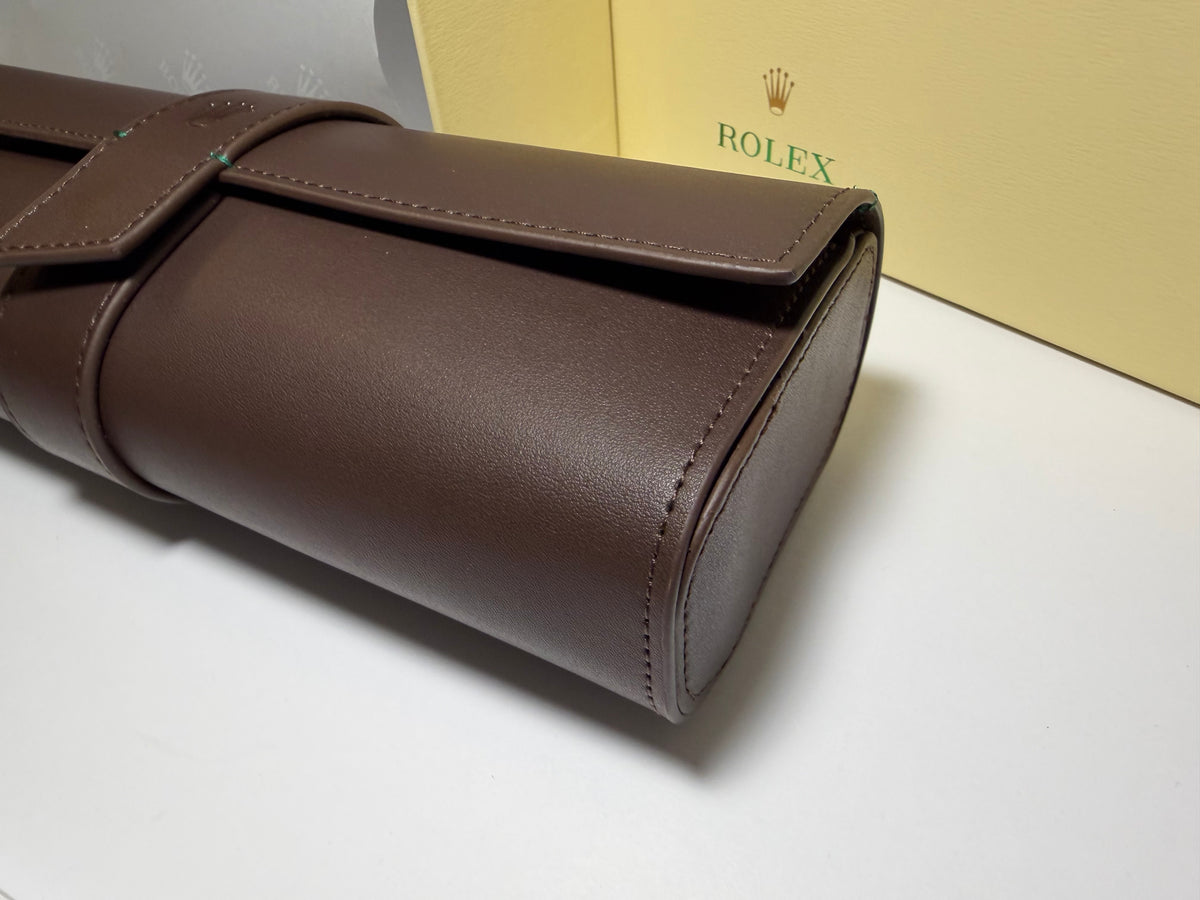 Rolex Brown Leather Watch Roll – Elegant 3-Watch Travel Case