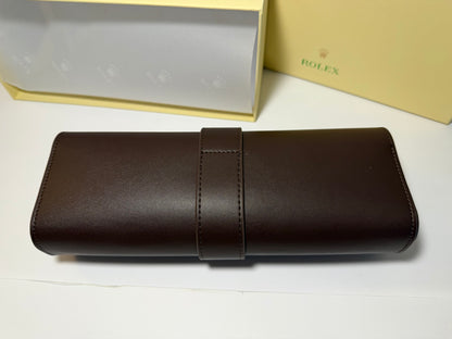 Rolex Brown Leather Watch Roll – Elegant 3-Watch Travel Case