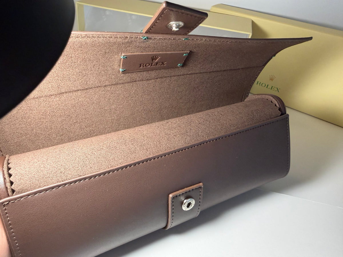 Rolex Brown Leather Watch Roll – Elegant 3-Watch Travel Case